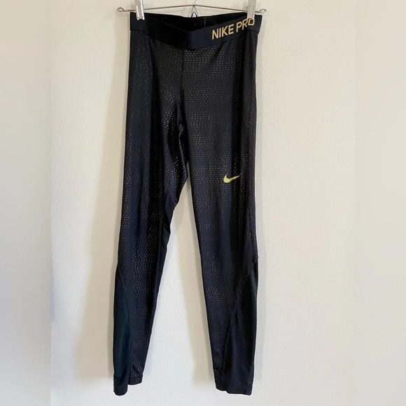 Nike Pro Black & Gold Metallic Dotted Leggings Size Small - Picture 3 of 13